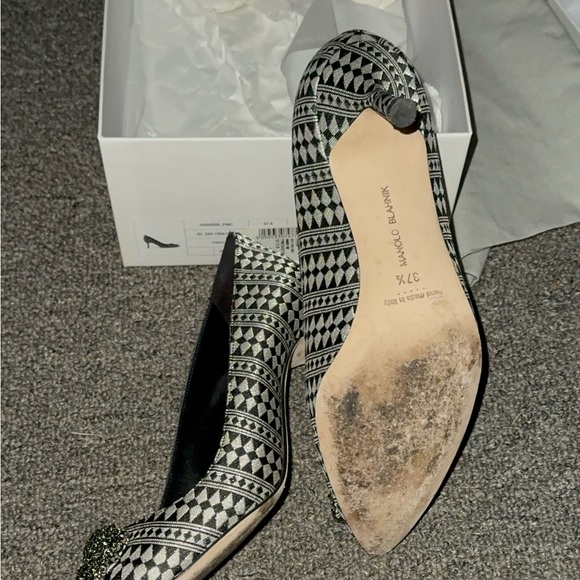 Manolo Blahnik Crystal Hangisi Silver Black Jacquard Print Heels - Picture 8 of 8